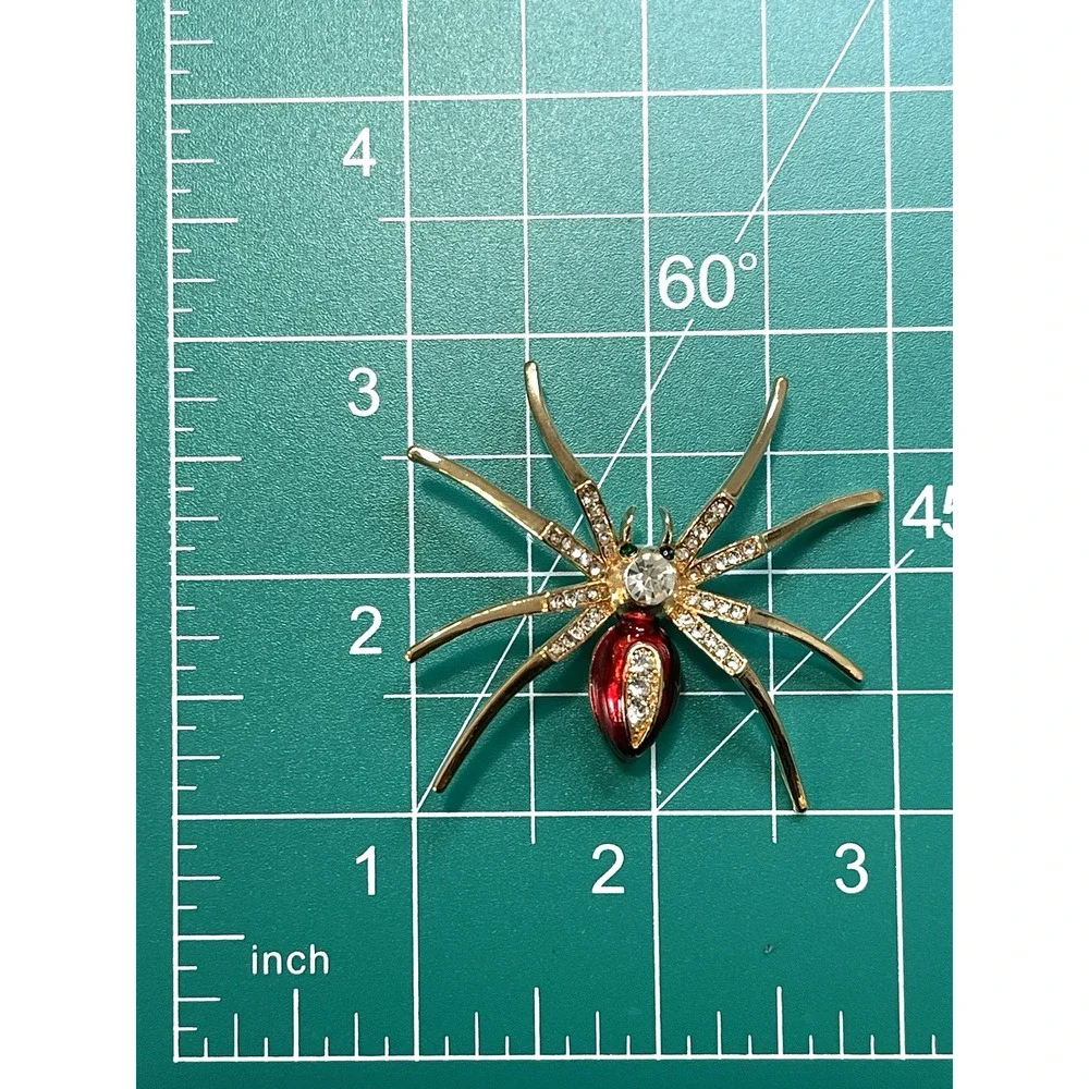 NWOT Red Enamel Spider Insect Brooch Pin Gold Tone Rhinestone Costume Jewelry - Picture 3 of 3